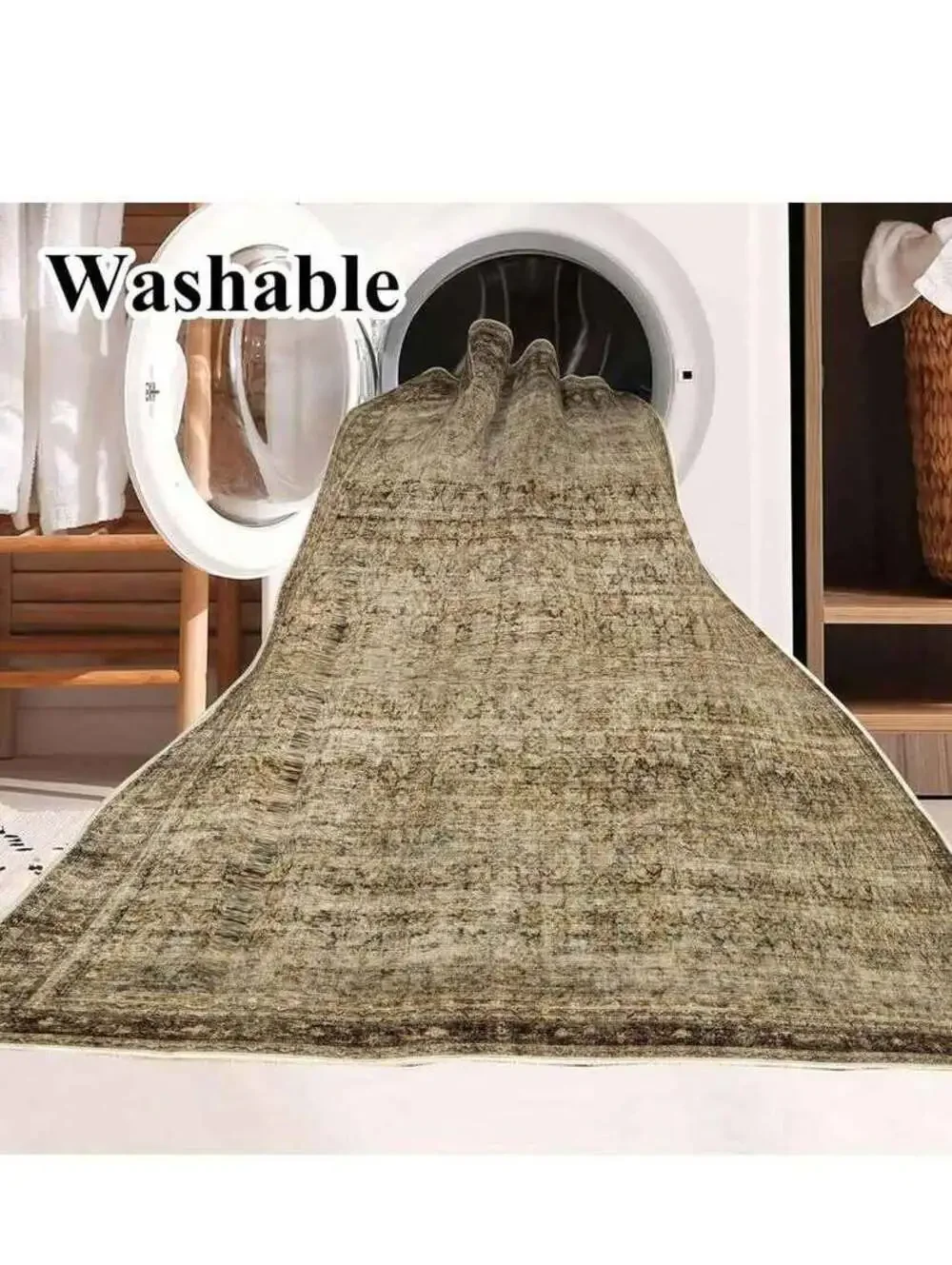 Rug 8x10 Washable green Brown Vintage Distressed Indoor Foldable Retro